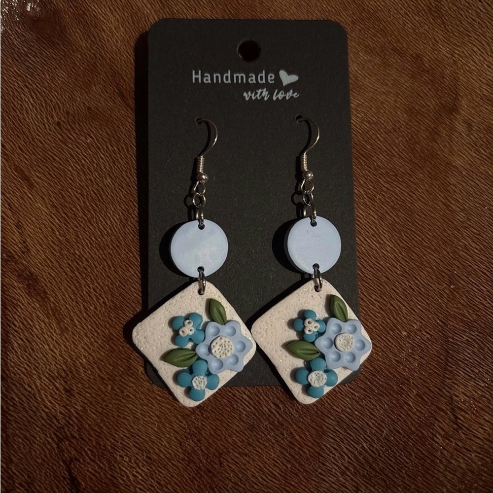 Sparkly Blue Floral Polymer Clay Earrings